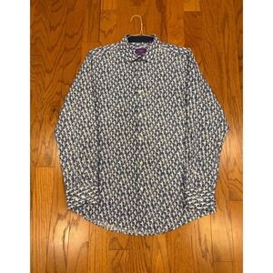 Tallia Orange Mens Blue White Crane Bird Print Cotton Button Down Shirt L 16.5
